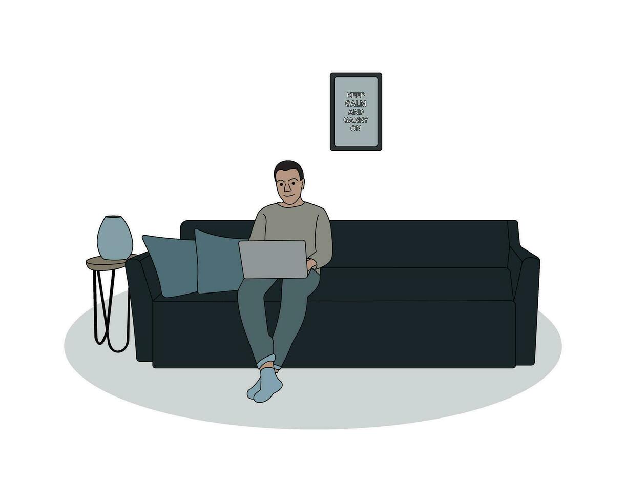 Business man working on a sofa using laptop from home flat coloring line art minimal illustration vector