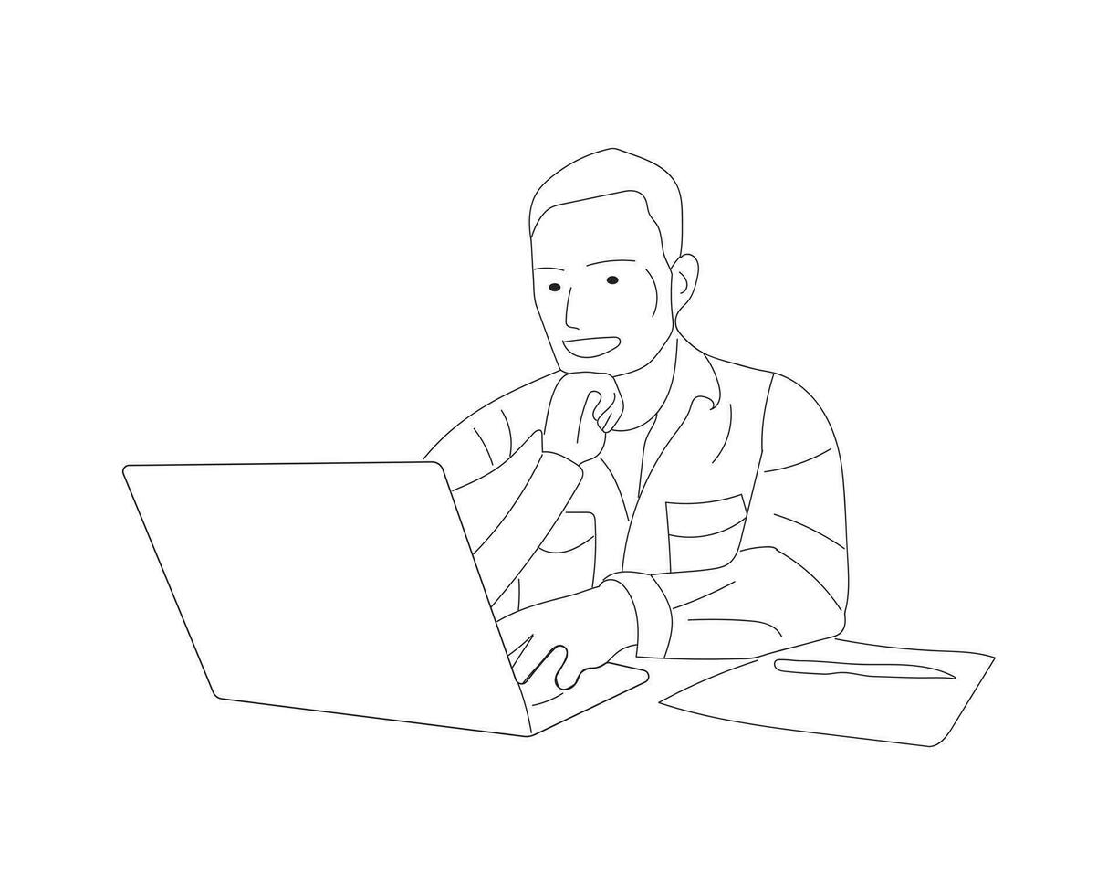 Free Businessman working with computer isolated vector illustration outline hand drawn doodle line art