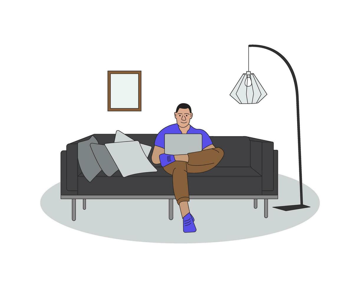 A man sits on a couch working from home with laptop flat line art illustration. vector