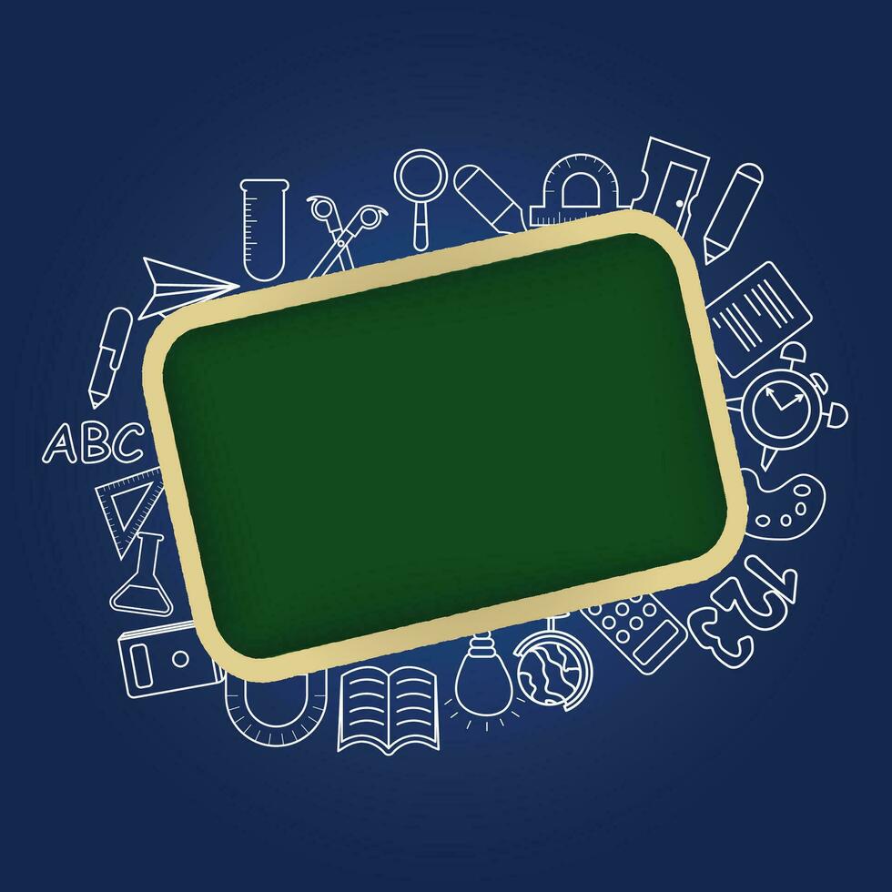 Welcome Back To School Background Design With Copy Space For Adding Text. Concept Of Education School Chalkboard With Different Stuff. vector