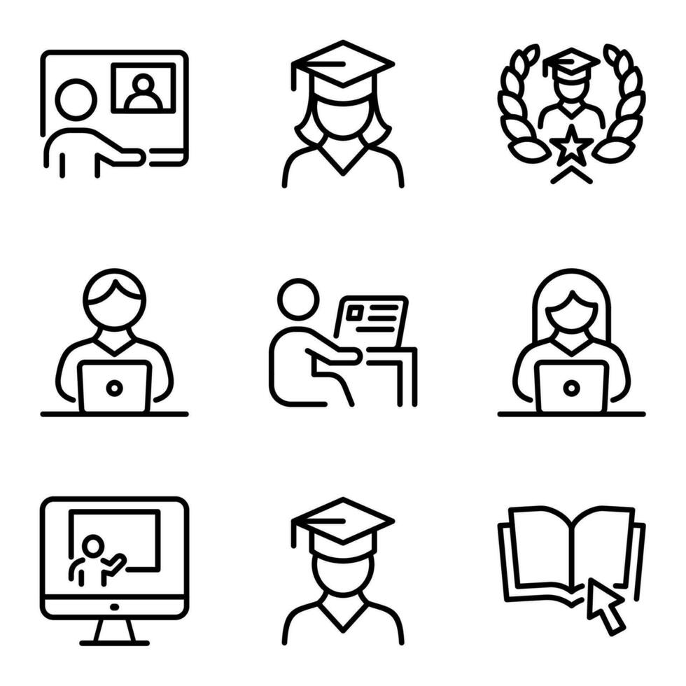online education line icons. online, education, graduate, teaching, lesson, certificate, read, teacher, diploma, studying, graduation, degree, seminar, homework, learn vector