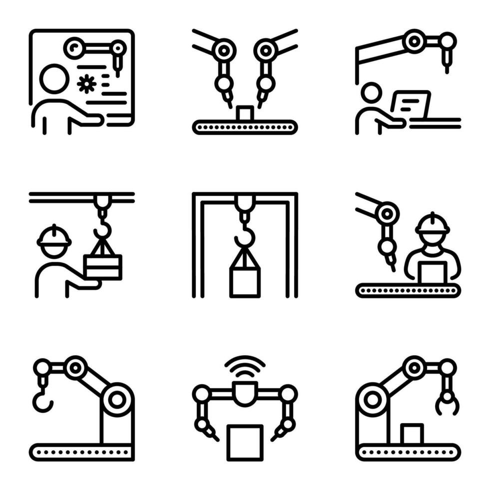 conjunto de industrial robot línea iconos fabricación, robot, automatizado, fabricar, mecánico, industrial, producción, operador, automatización, maquinaria vector