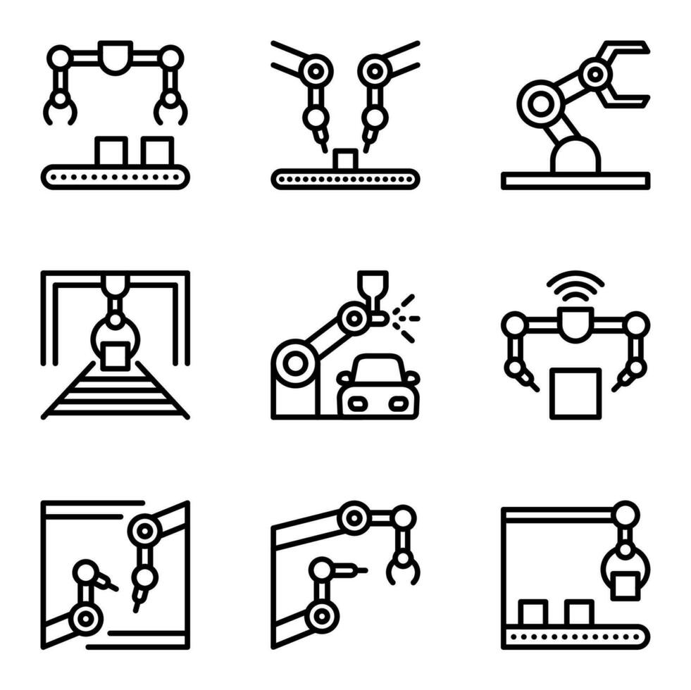 industrial robot línea íconos colocar. fabricación, robot, automatizado, fabricar, mecánico, industrial, producción, operador, automatización, maquinaria vector