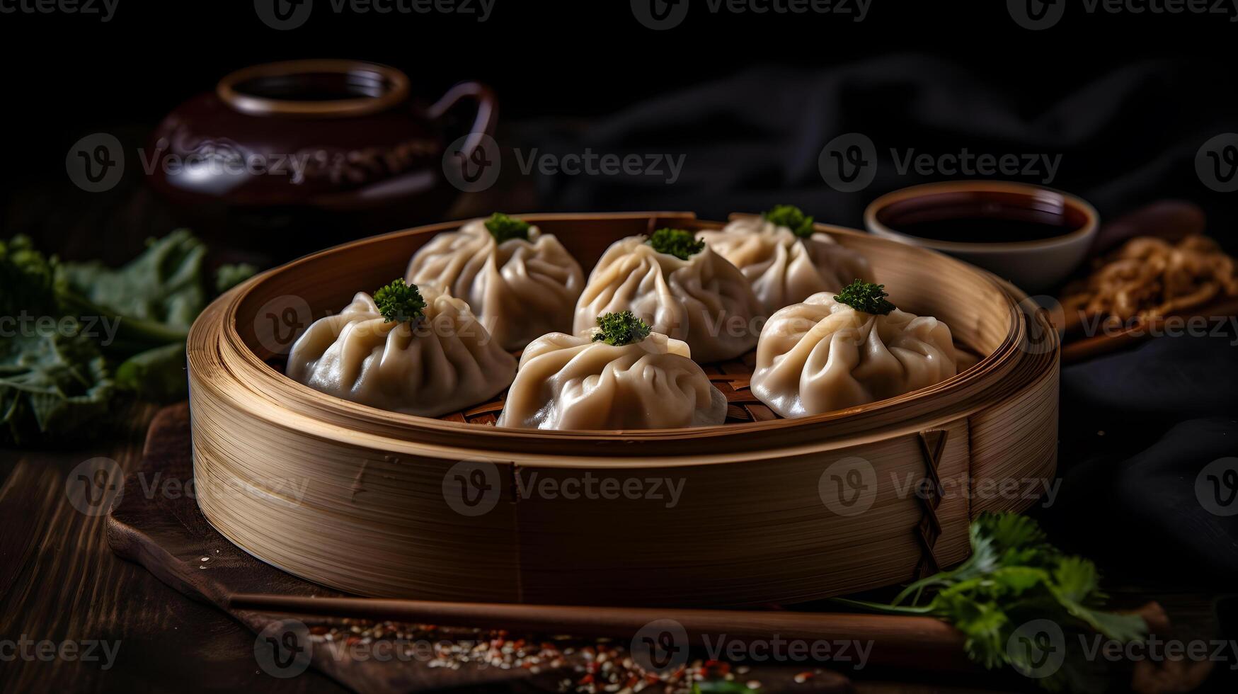 Chinese dumplings on a wooden plate , photo