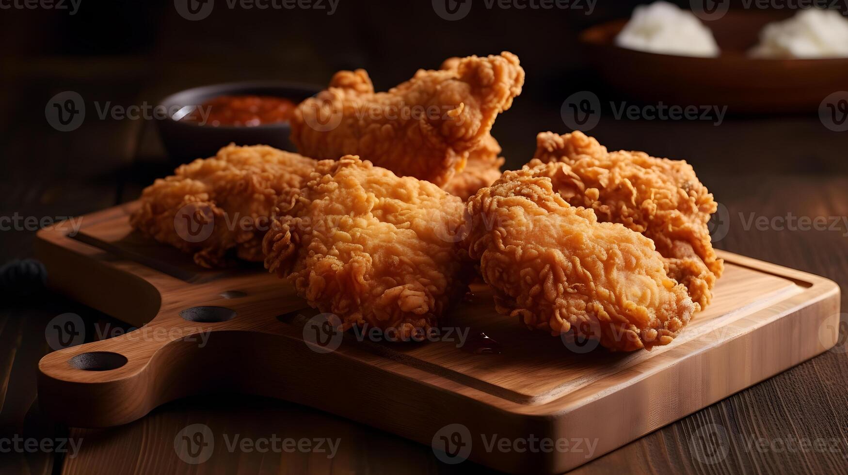 Fried chicken dish on a wooden plate , photo