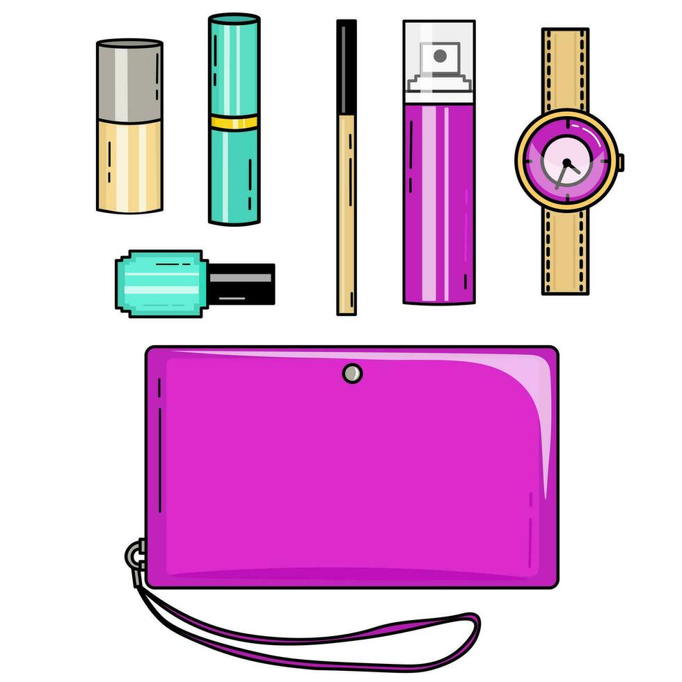 a set of cosmetics and a handbag on a white background vector