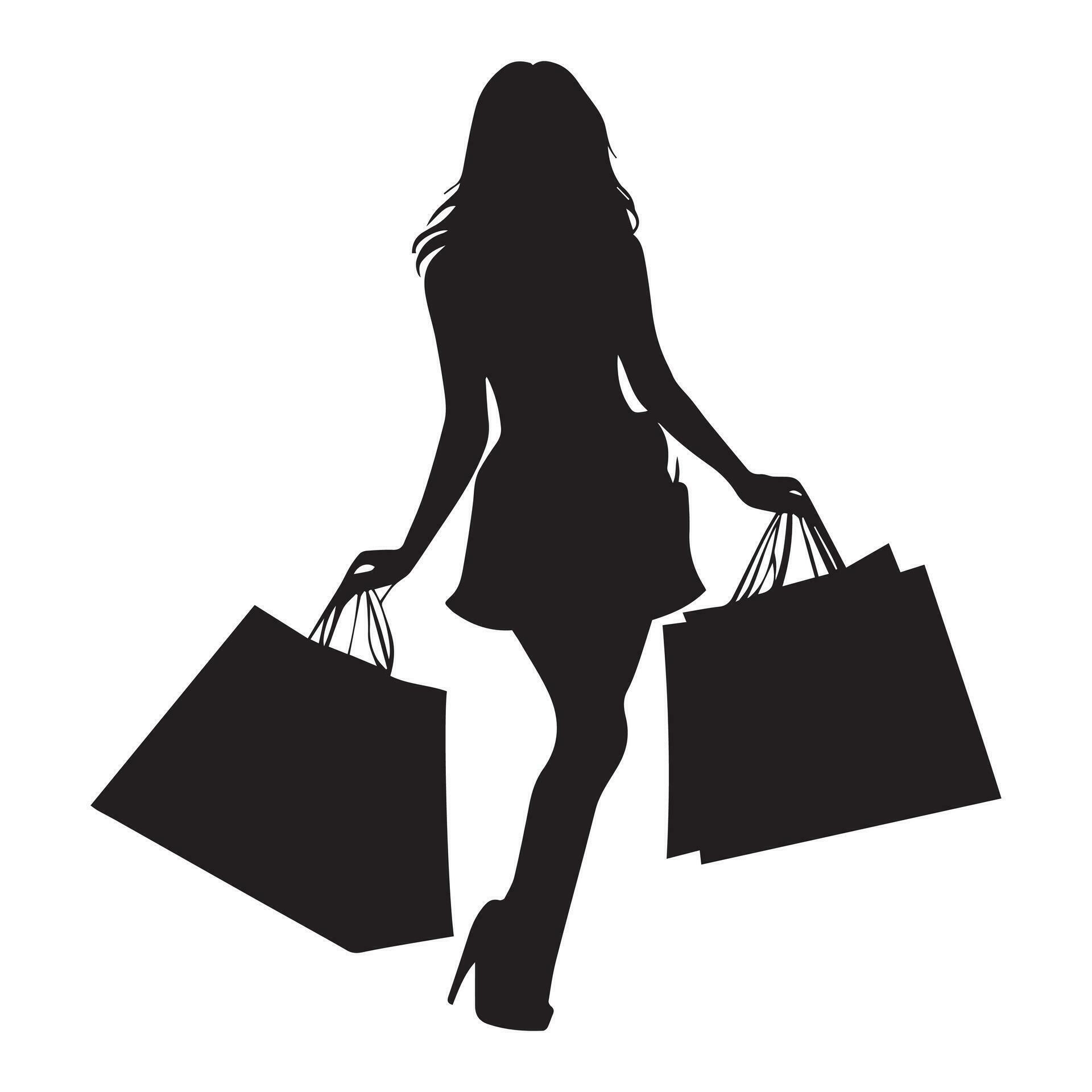 A Happy Shopping Girl With a Lot of Shopping bag vector silhouette ...