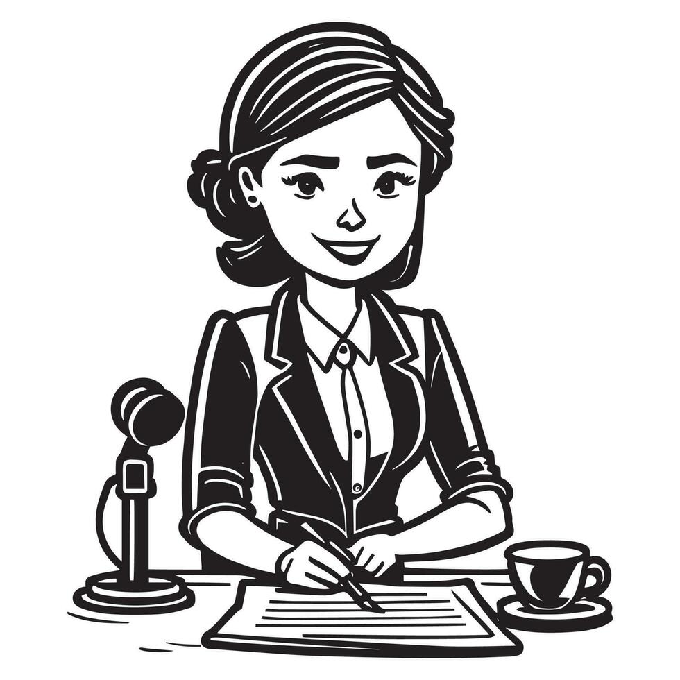 This is a Female Journalist Vector Silhouette, Journalist Vector Line art Black and white.