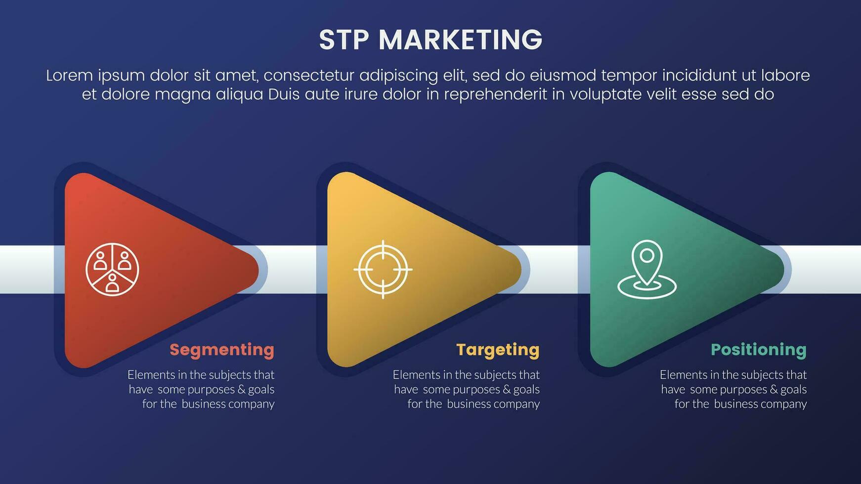 stp márketing estrategia modelo para segmentación cliente infografía 3 etapas con triángulo flecha Derecha dirección y oscuro estilo degradado tema concepto para diapositiva presentación vector