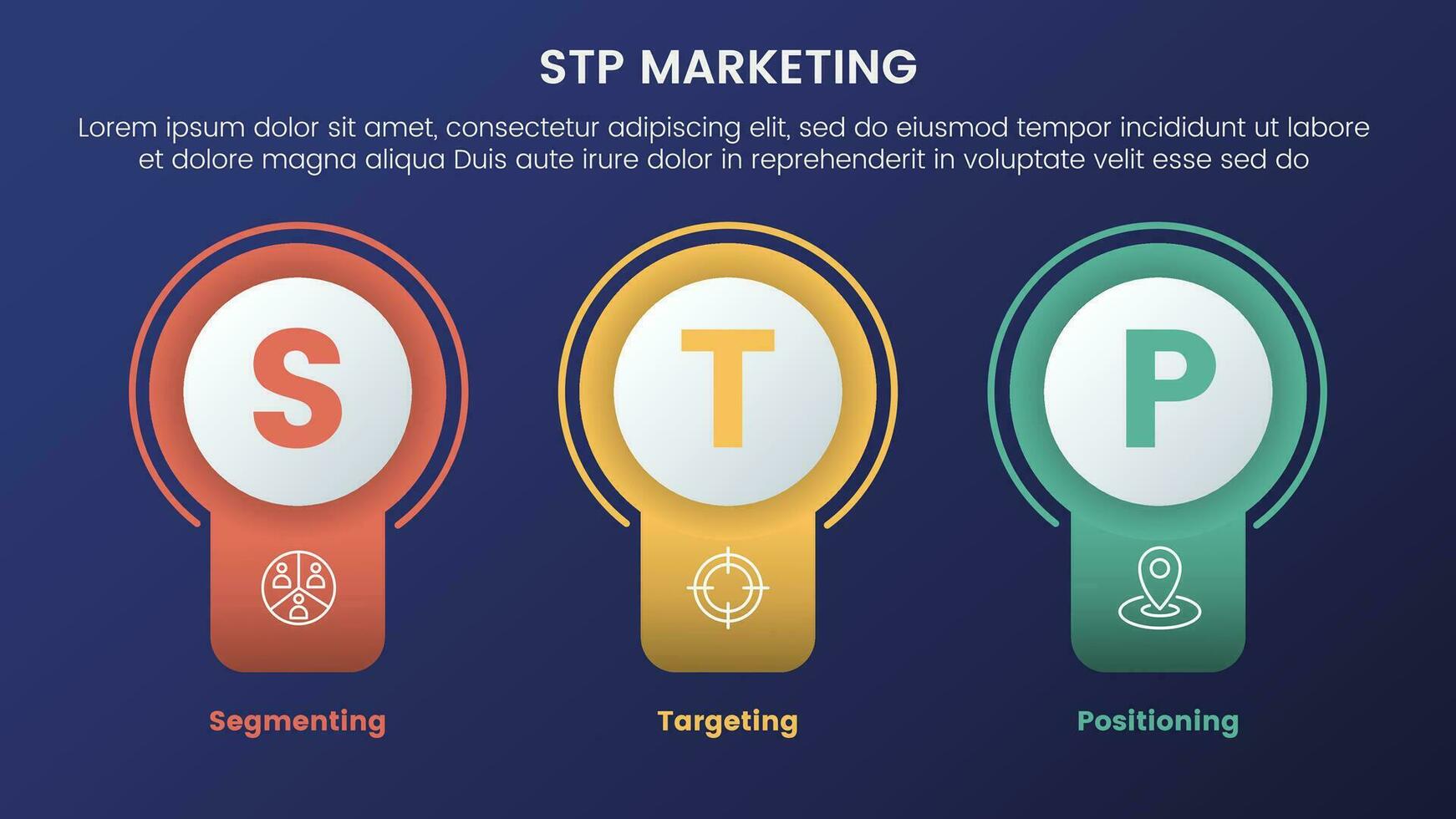 stp marketing strategy model for segmentation customer infographic 3 stages with badge circle banner shape and dark style gradient theme concept for slide presentation vector