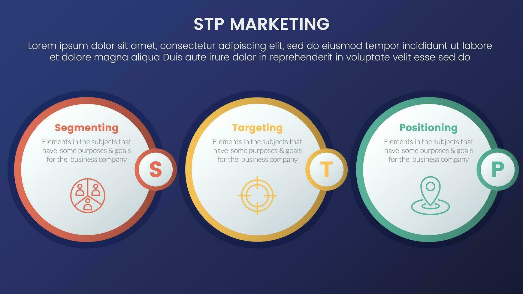 stp marketing strategy model for segmentation customer infographic 3 stages with circle outline style and dark style gradient theme concept for slide presentation vector