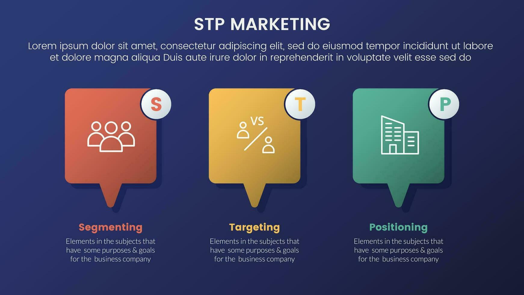 stp marketing strategy model for segmentation customer infographic 3 stages with callout box concept and dark style gradient theme concept for slide presentation vector