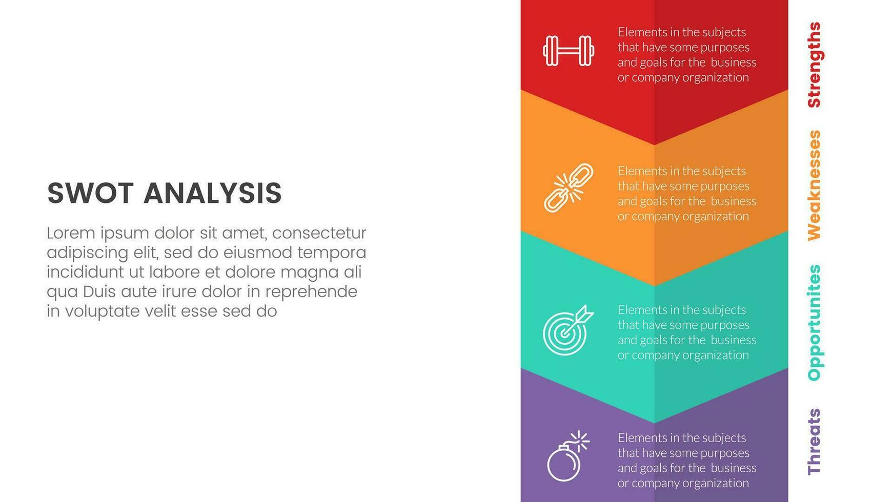 swot analysis concept with vertical shape and arrow down for infographic template banner with four point list information vector