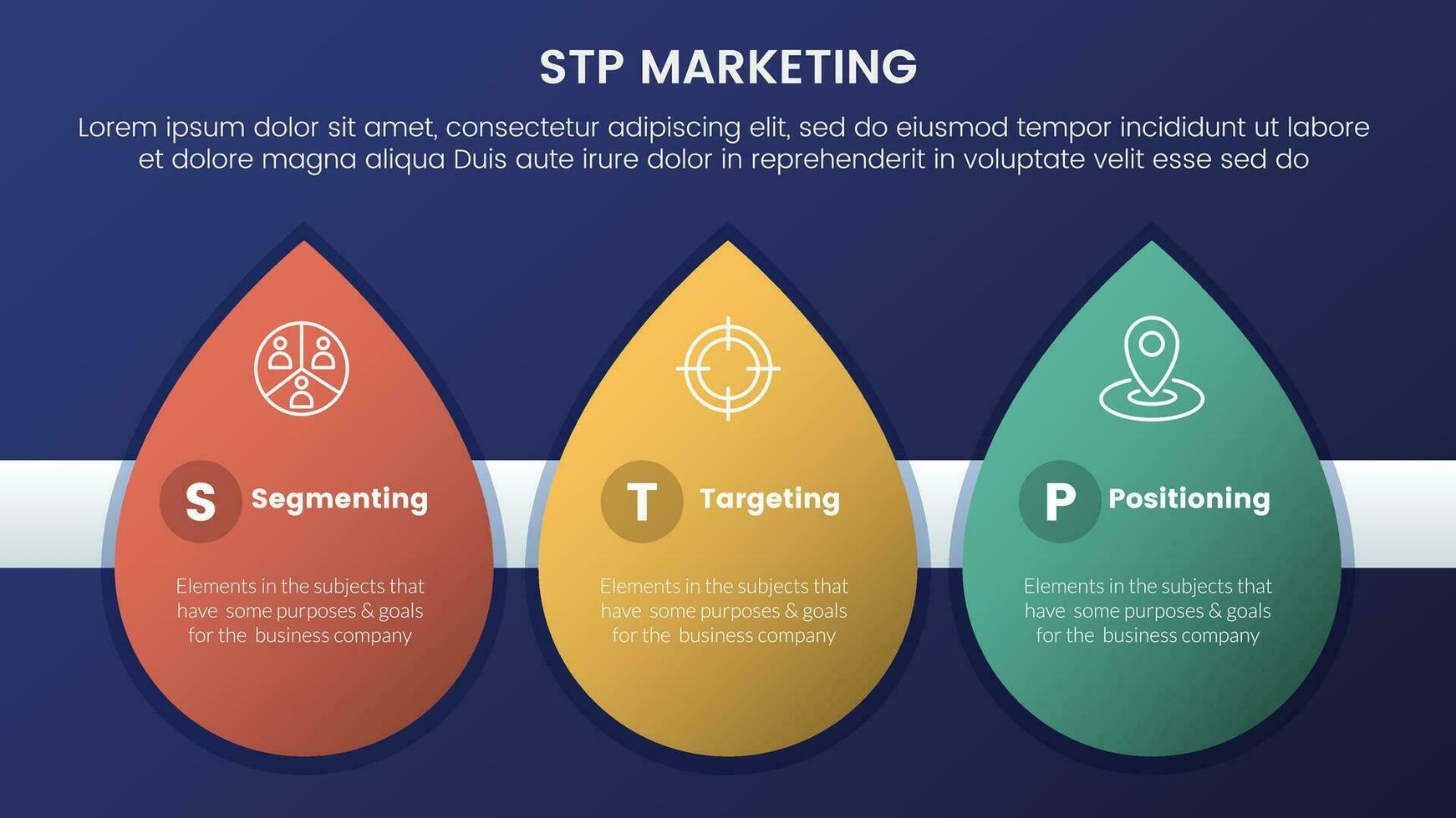 stp marketing strategy model for segmentation customer infographic 3 stages with waterdrop shape and dark style gradient theme concept for slide presentation vector