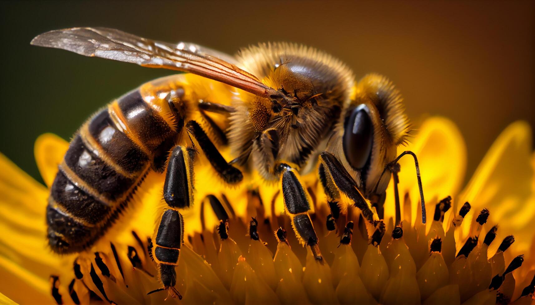 cerca arriba de un amarillo miel abeja polinizando ,generativo ai foto