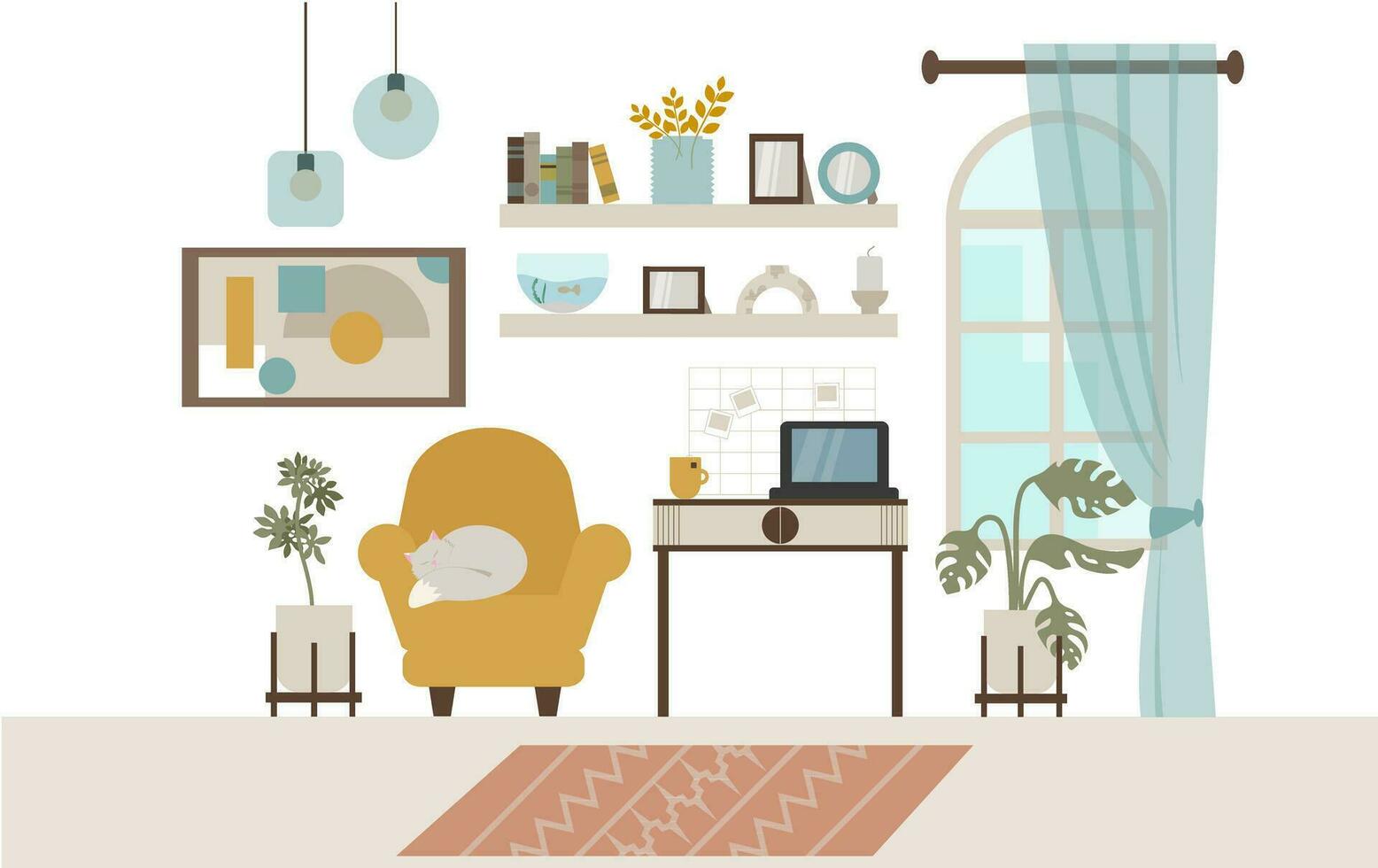 Living room interior with armchair, table, sofa, bookshelf, coffee table and plant. Flat style vector illustration.