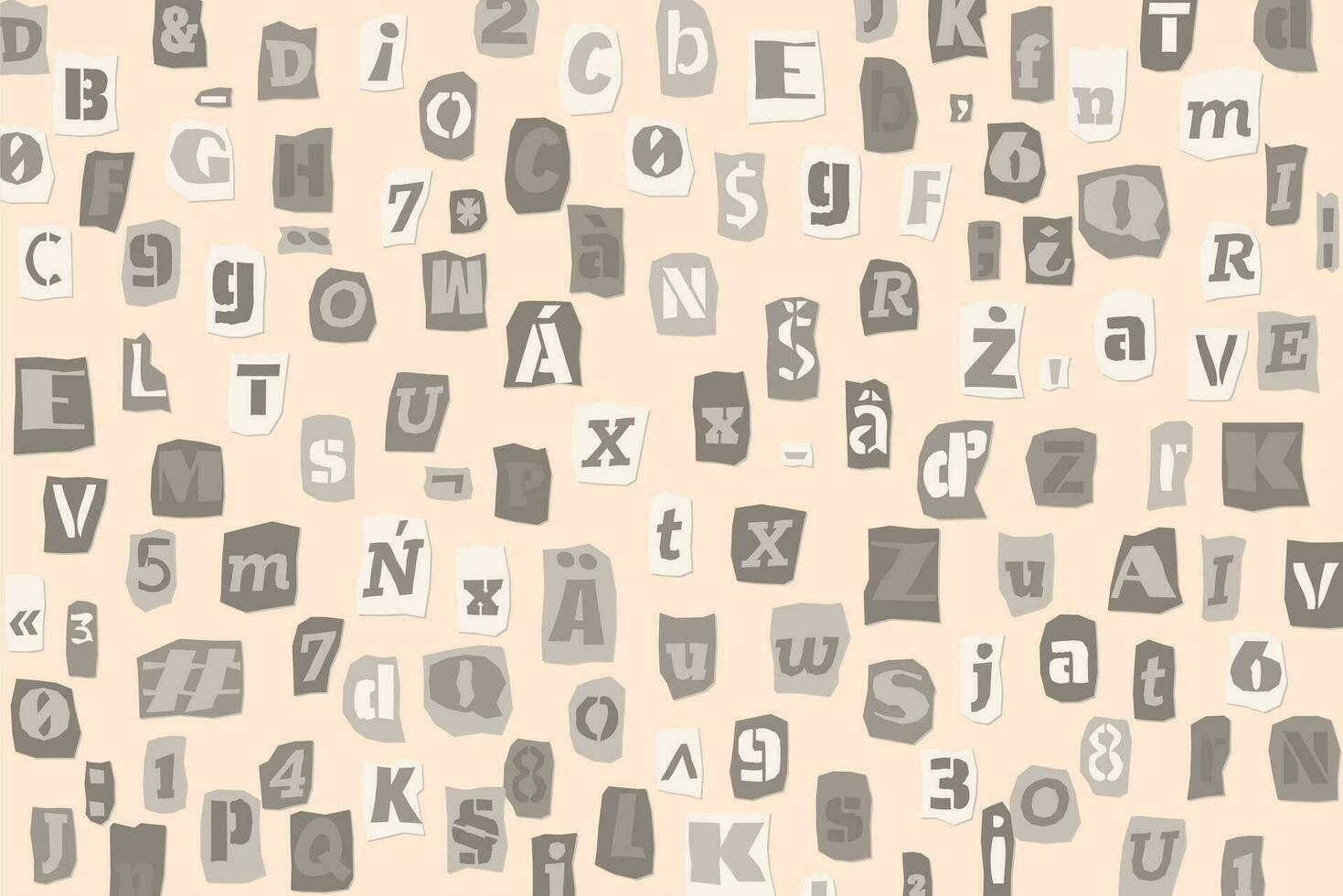 Black and white ransom collage style letters numbers and punctuation marks cut from newspapers and magazines background. Vintage ABC punk alphabet Vector illustration