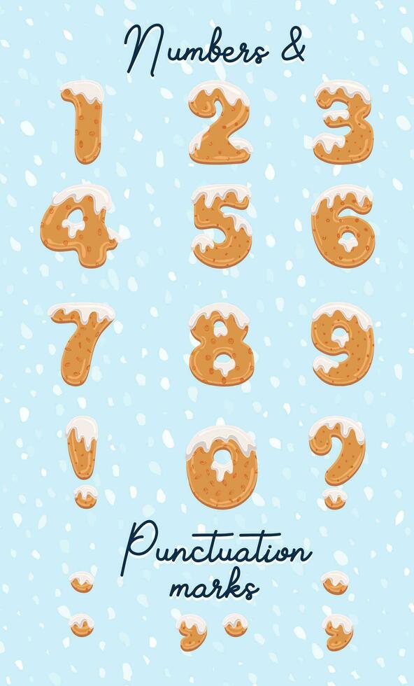 Handmade Christmas gingerbread cookies alphabet numerals set. Cartoon style font. Art design letter. Festive lettering greeting card on winter snow background vector