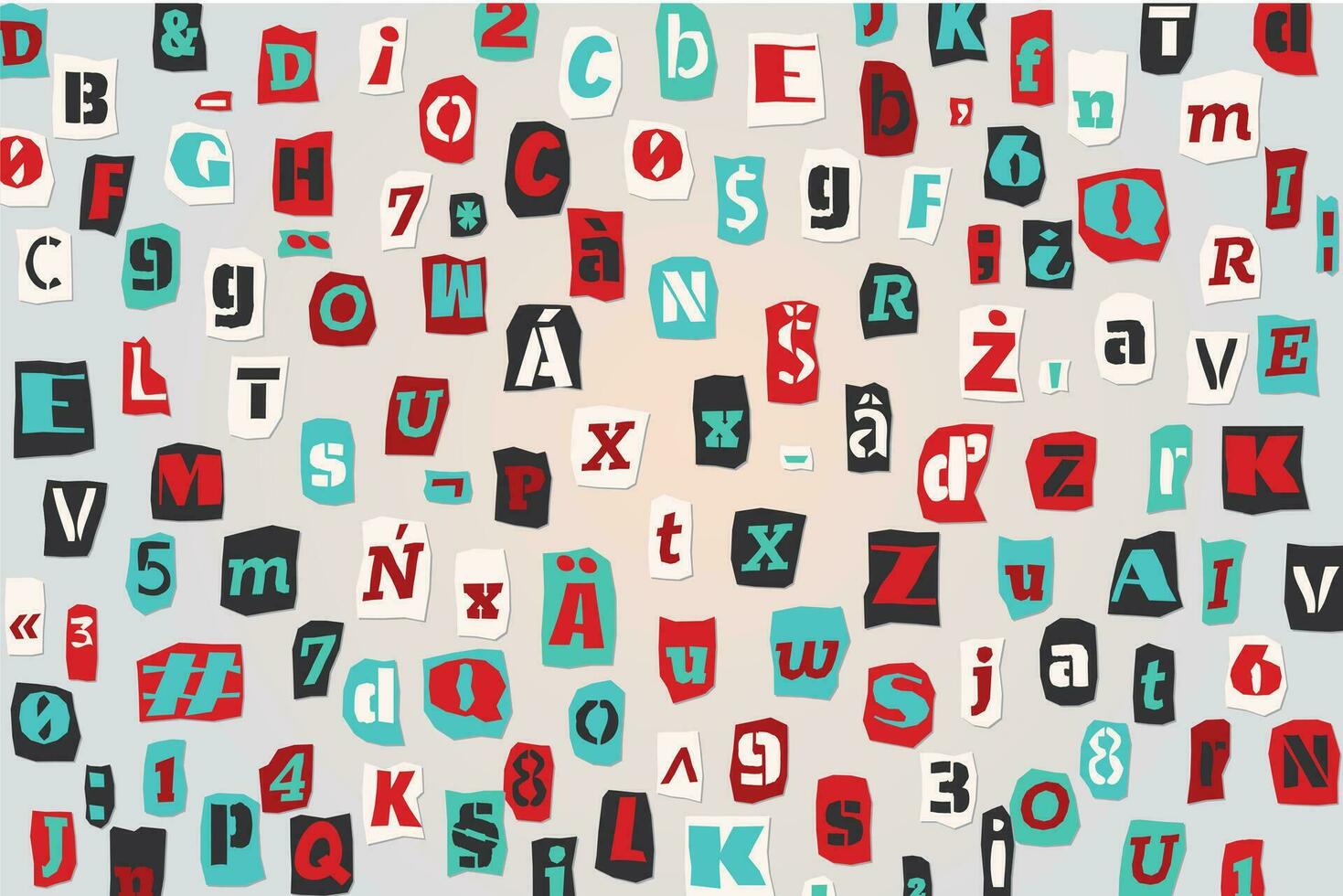 Color ransom collage style letters numbers and punctuation marks cut from newspapers and magazines background. Vintage ABC collection. Red, white, black and azure punk alphabet Vector illustration