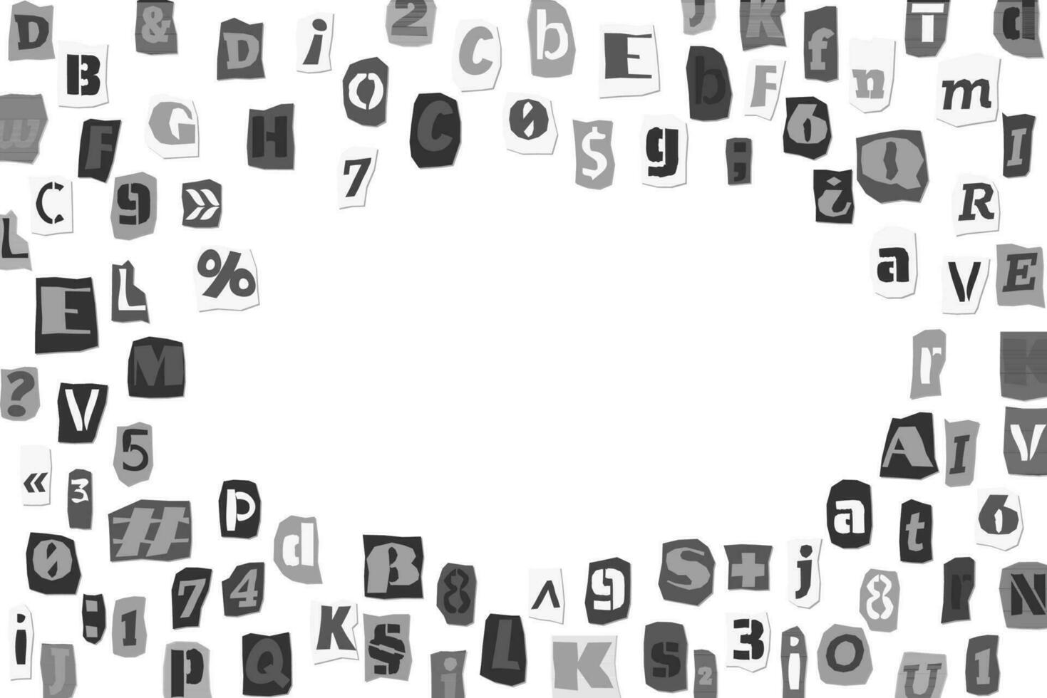 Black and white ransom collage style letters numbers and punctuation marks cut from newspapers and magazines background. Vintage ABC punk alphabet Vector illustration