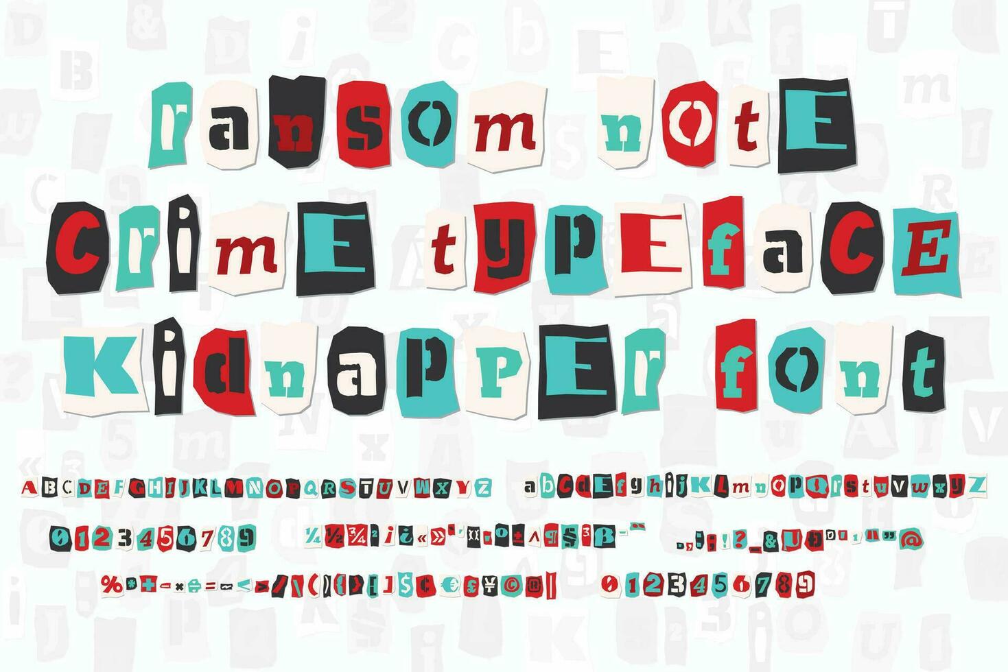 Color ransom collage style letters numbers and punctuation marks cut from newspapers and magazines. Vintage ABC collection. Red, white, black and azure punk alphabet Typography vector illustration