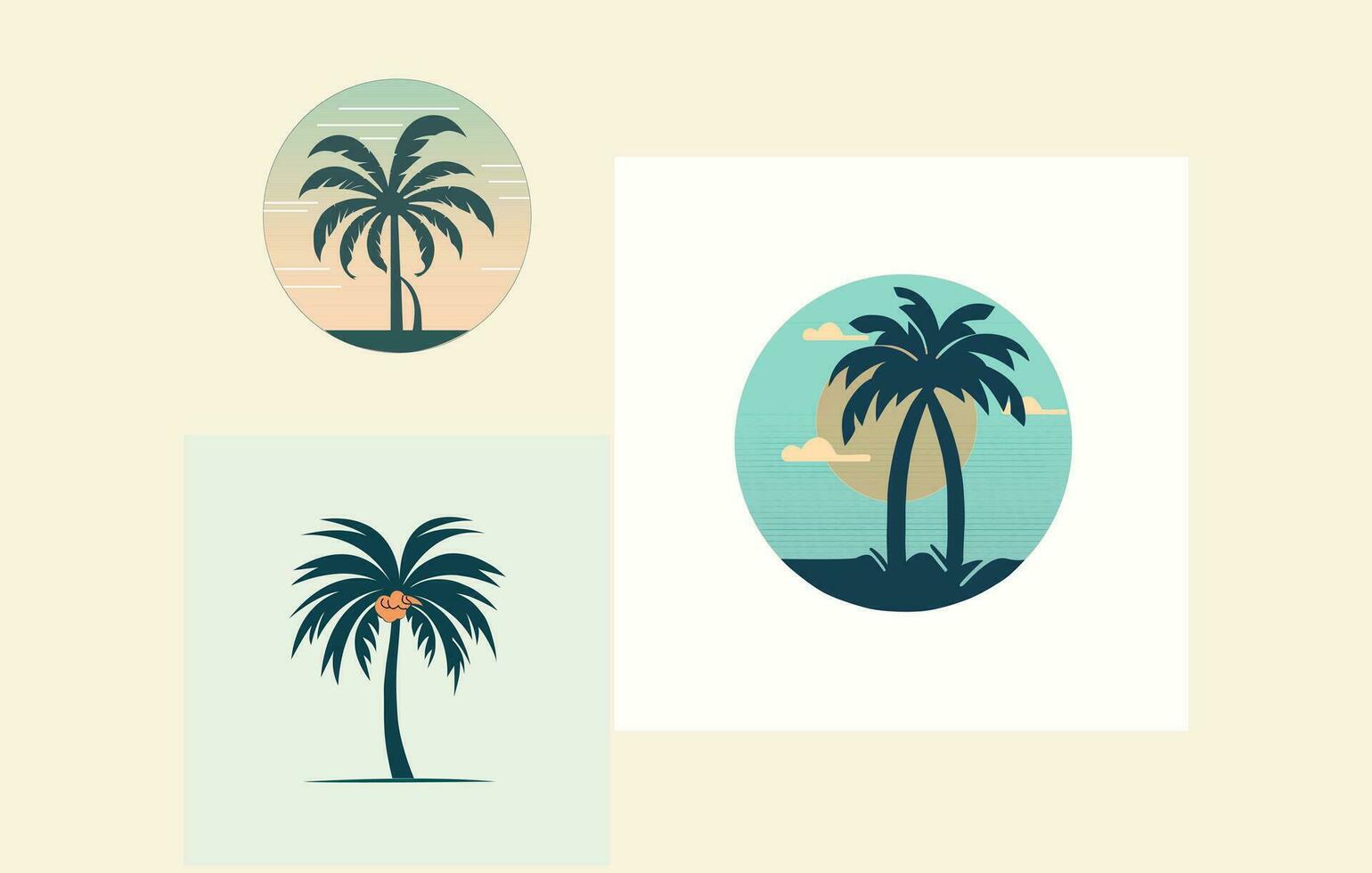 tropical plam árbol icono plano, vitamina mar resumen letras, plam árbol y puesta de sol degradado resumen vector