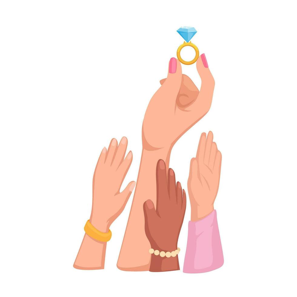 mujer mano sostener diamante anillo recompensa símbolo dibujos animados ilustración vector