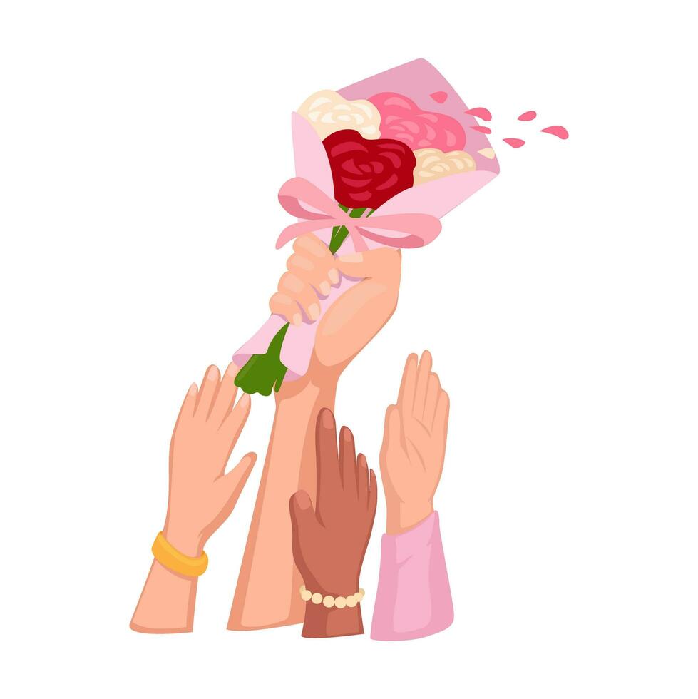 Women's Hands are Scrambling to Catch a Bouquet of Wedding Flower Cartoon Illustration Vector