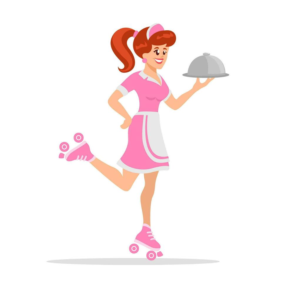 Girl Waitress Holding Food Cover On Roller Skate. Restaurant Worker Character Cartoon Illustration Vector