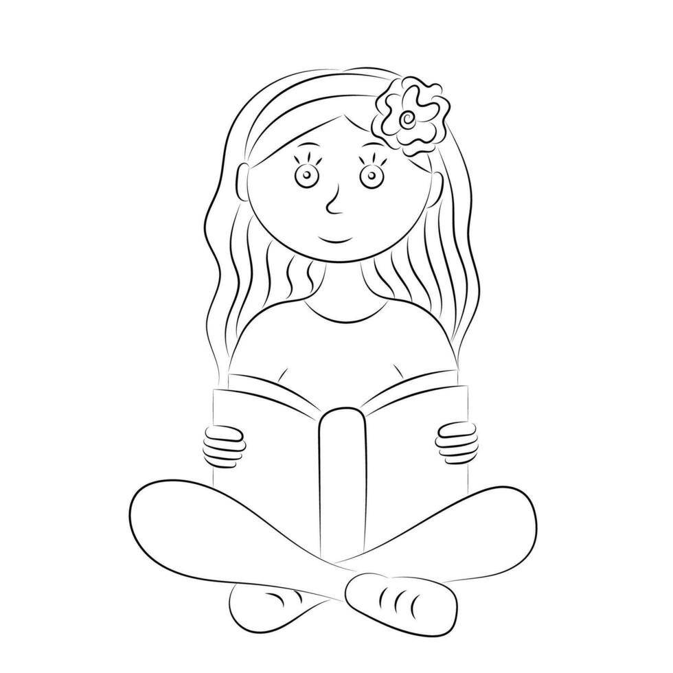 bosquejo retrato de un dibujos animados niña con un flor en su cabello, quien se sienta con un libro en su manos, aislar en blanco vector