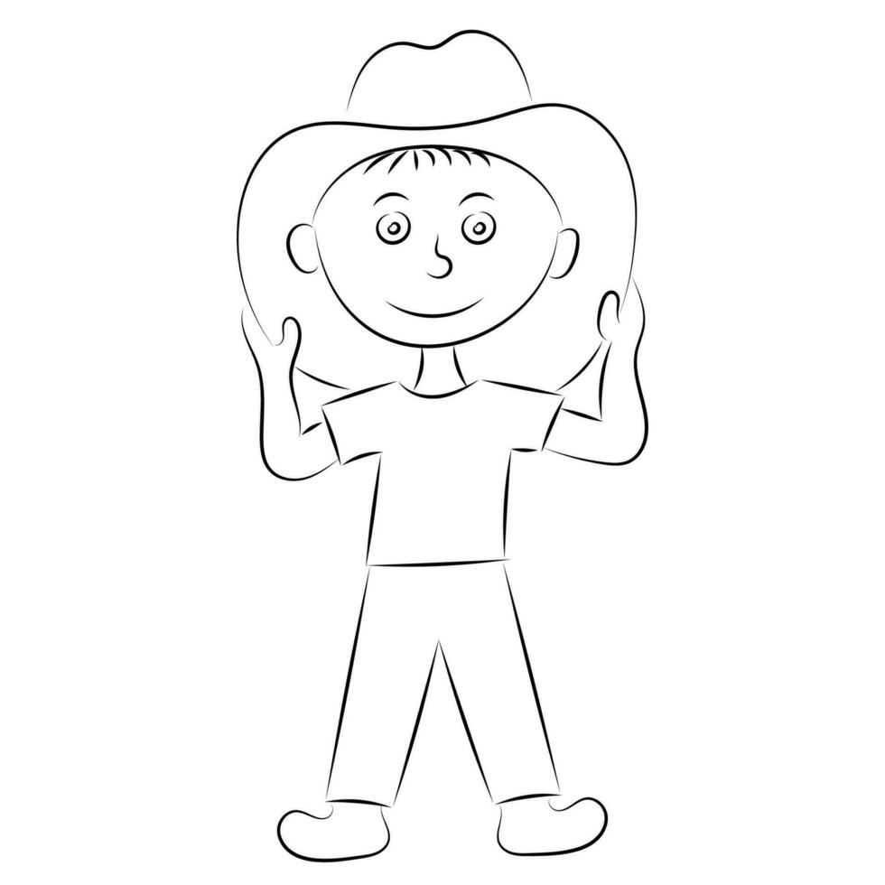 bosquejo retrato de un dibujos animados chico en un grande sombrero, cuales él sostiene con su manos, aislar en blanco vector