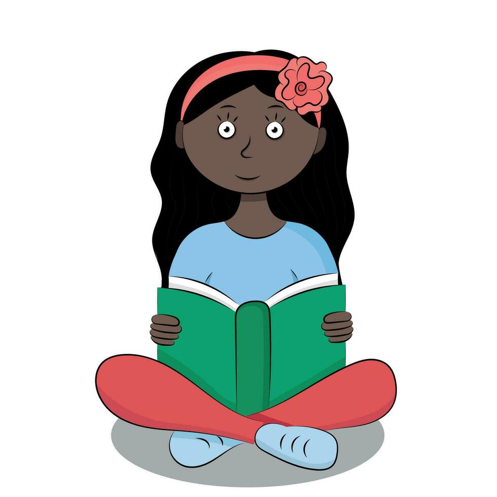 retrato de un negro dibujos animados niña con un flor en su cabello, quien se sienta con un libro en su manos, aislar en blanco vector