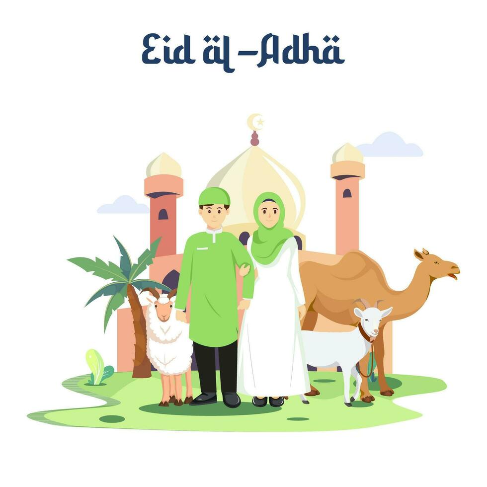 contento musulmán familia celebra eid Alabama adha mubarak. plano vector modelo ilustración