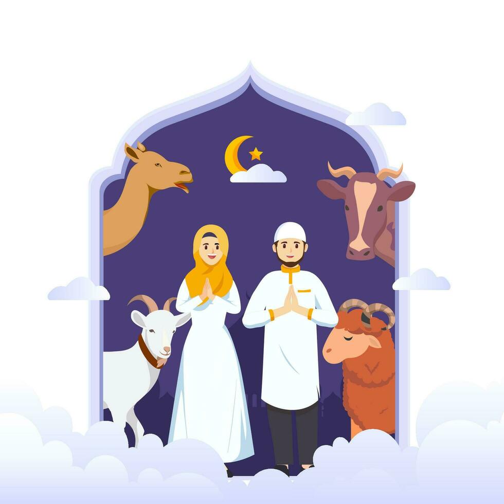 contento musulmán familia celebra eid Alabama adha mubarak. plano vector modelo ilustración