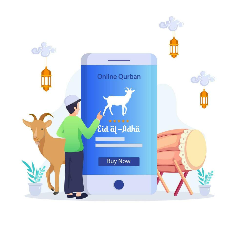 Online Qurban mobile application concept. Illustration of a smart phone with sacrificial animal for Eid al Adha vector