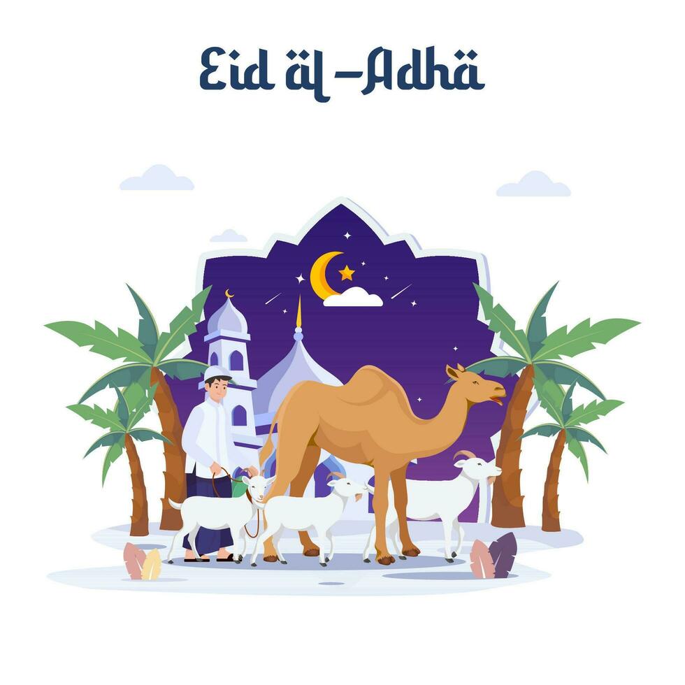 Happy Muslim family celebrates Eid Al Adha Mubarak. Flat vector template illustration