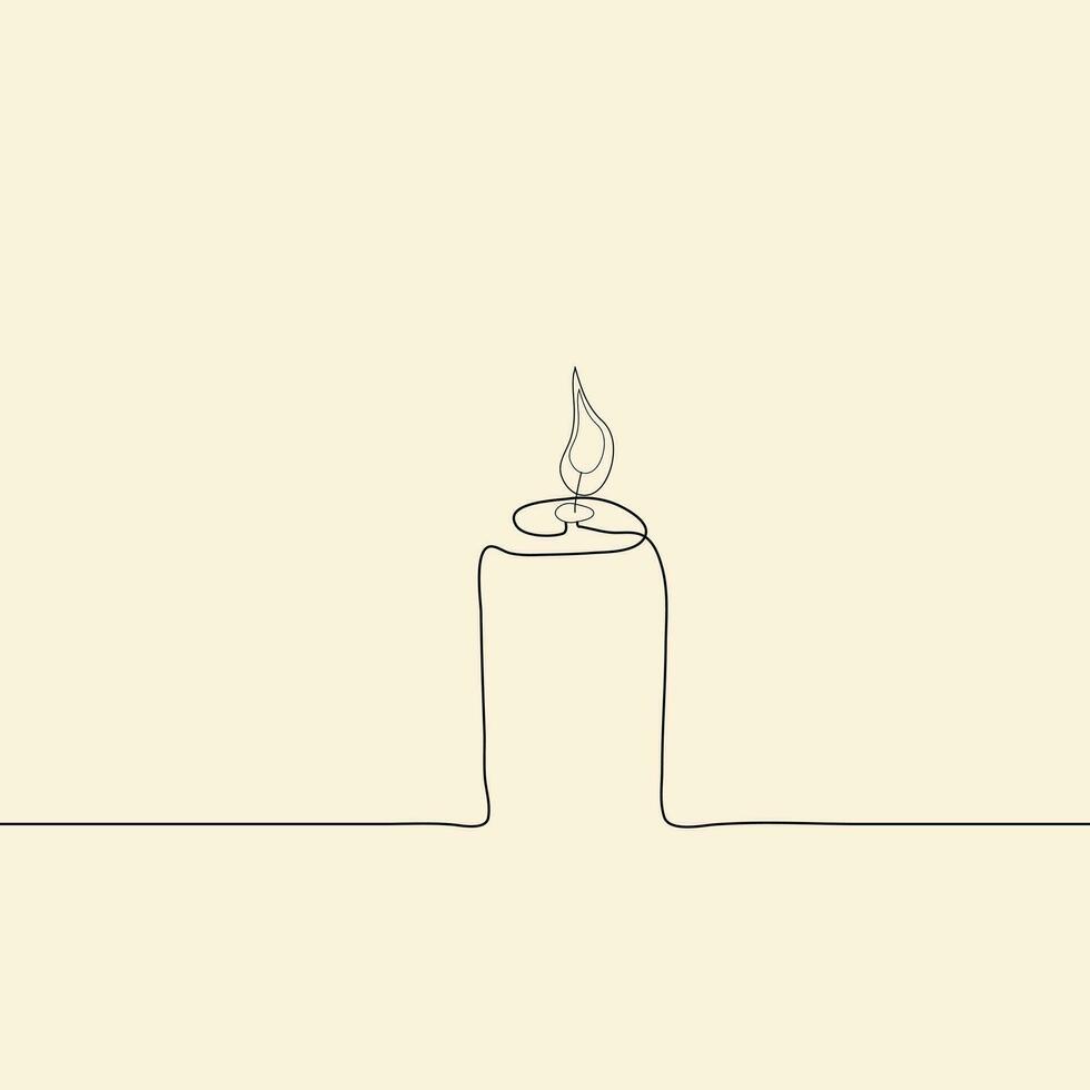 Continuous one-line drawing candle burning flame black contour line simple minimalist vector