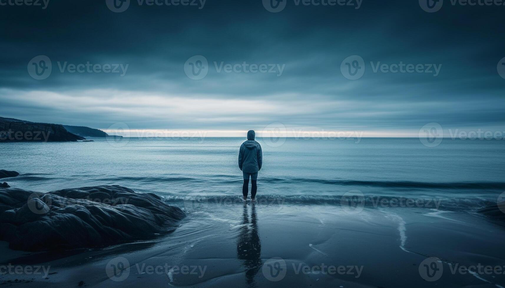 Solitude in nature, one person standing backlit generated by AI photo