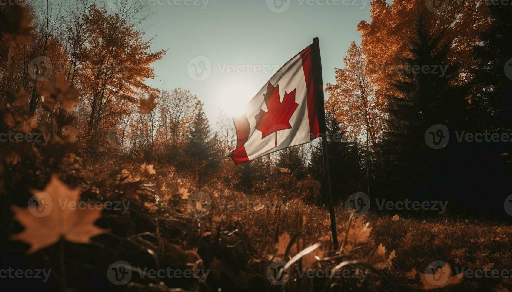 Canadian flag back lit by autumn sunset generated by AI photo