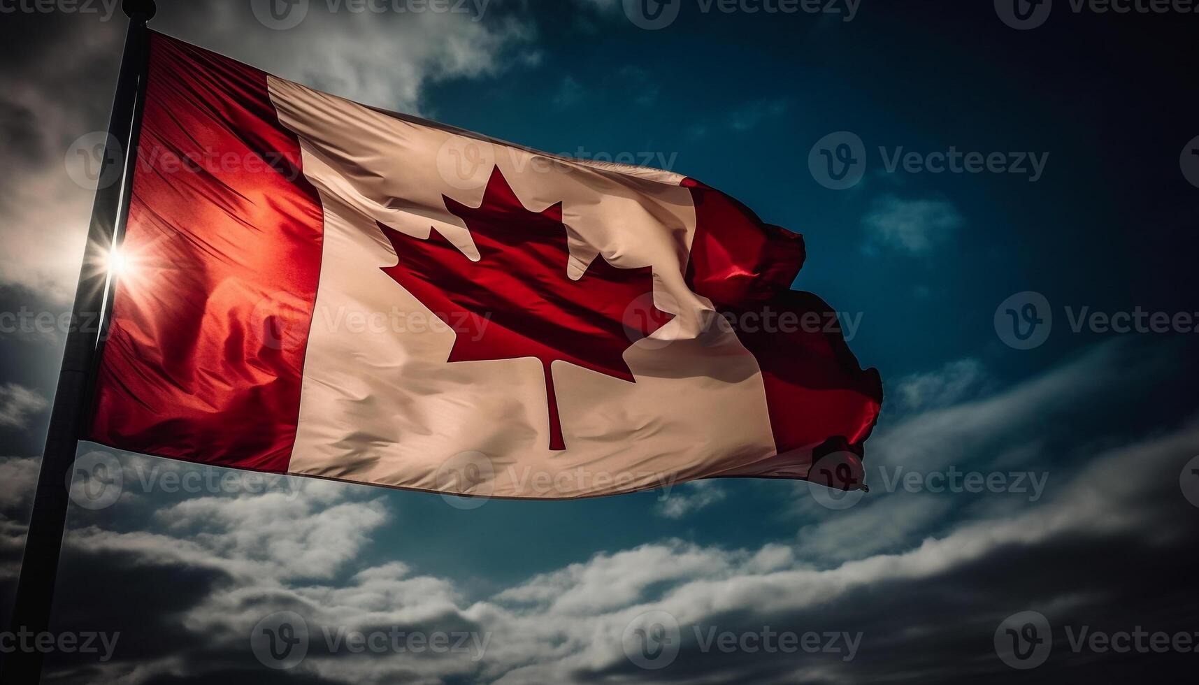 Canadian flag waving majestically in the summer sky generated by AI photo