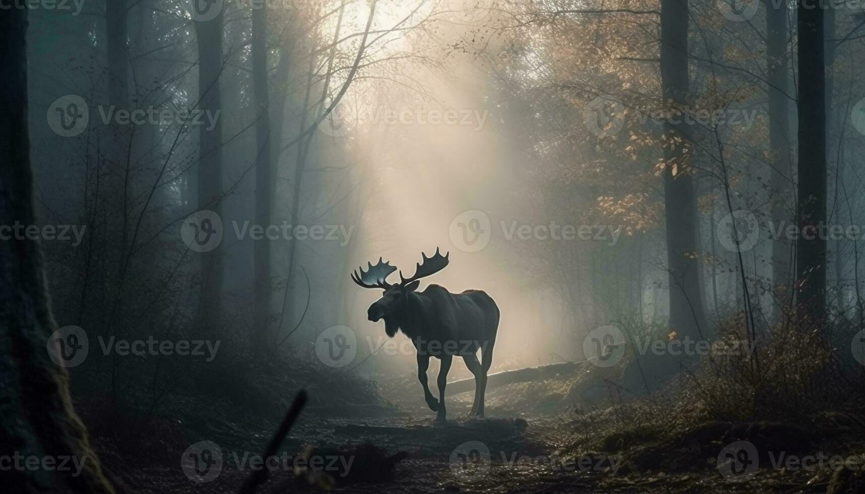 Horned stag walking through foggy forest generated by AI photo