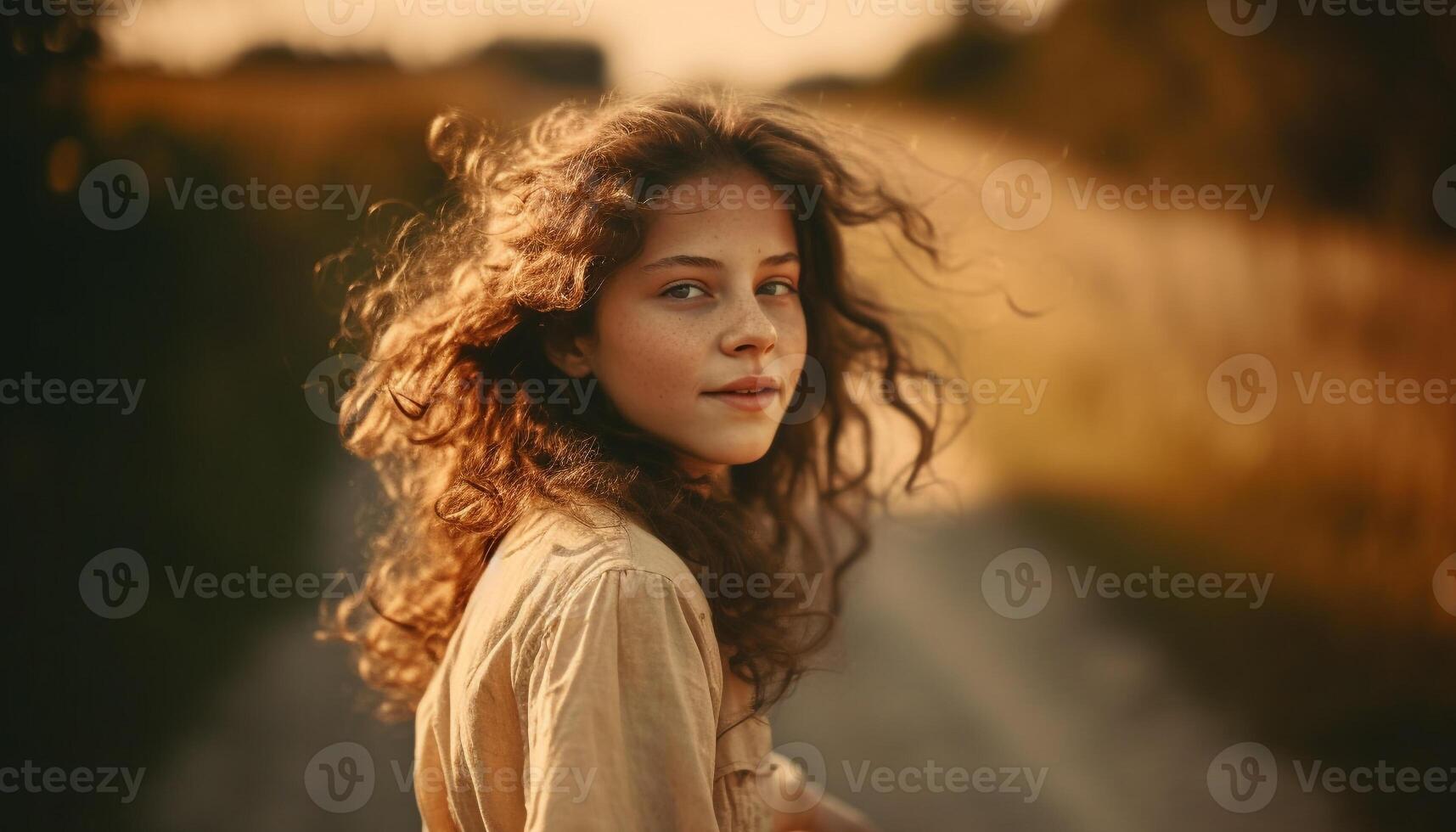 Young woman enjoying nature beauty at sunset generated by AI photo