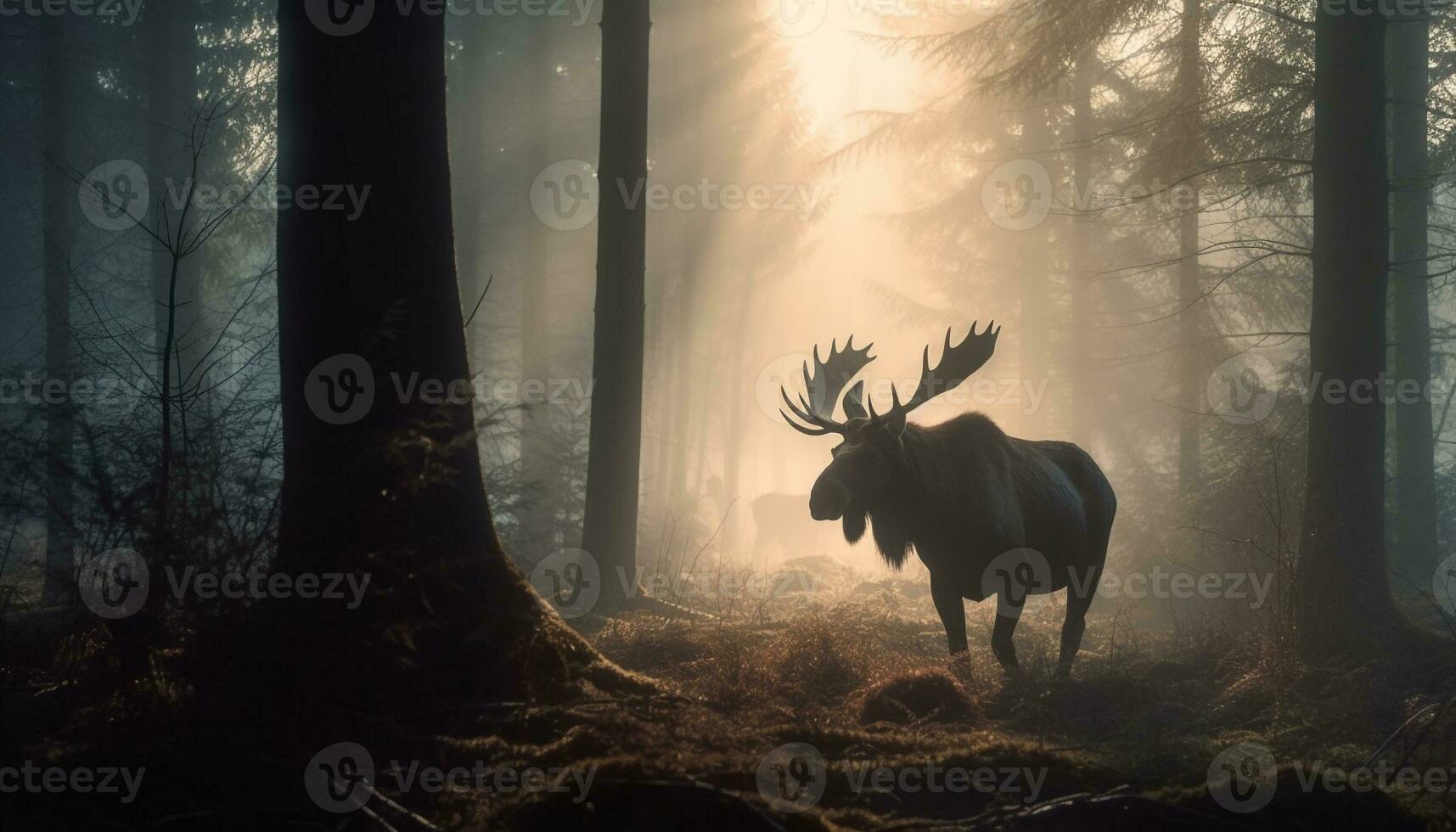 Horned stag emerges from foggy forest mystery generated by AI photo