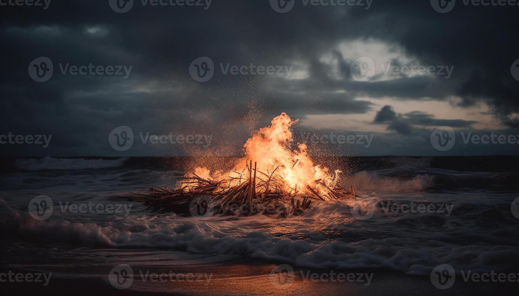 Burning bonfire on sandy beach at dusk generated by AI photo