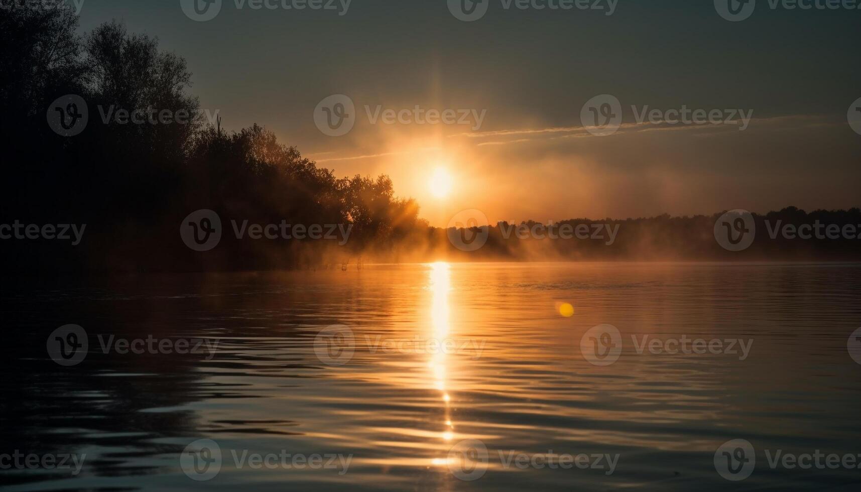 tranquilo puesta de sol terminado agua, naturaleza belleza brilla generado por ai foto