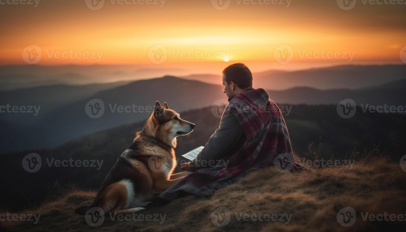 Men and dog embrace in nature beauty generated by AI photo