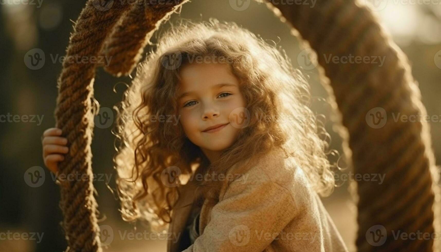 One cute girl holding rope, enjoying playground adventure generated by AI photo