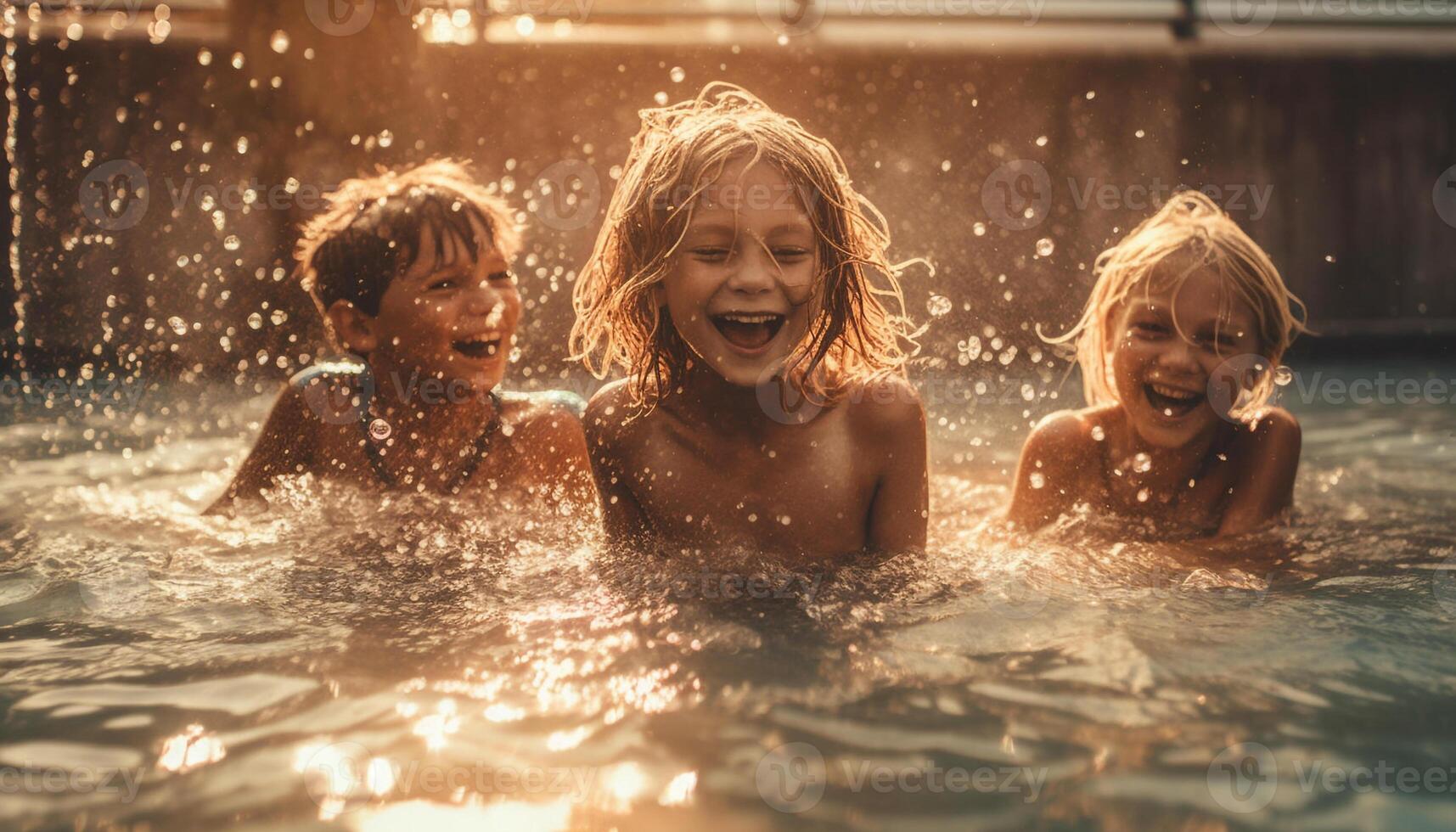 Smiling children splashing in the pool together generated by AI photo