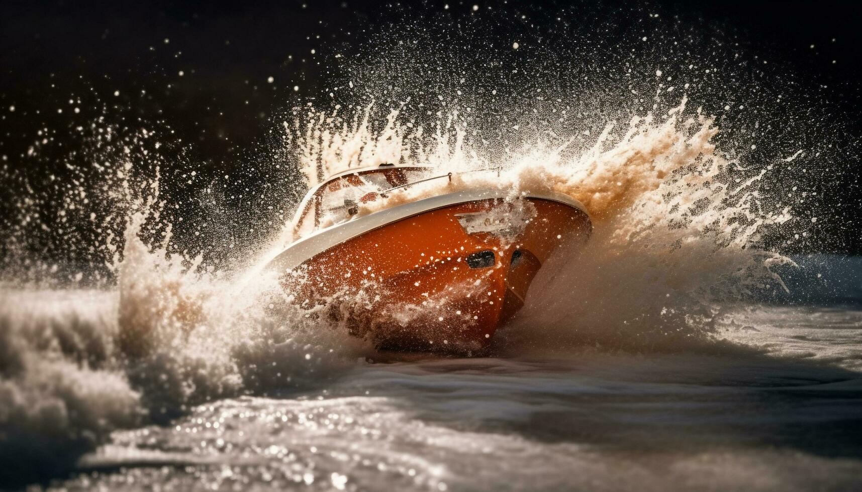 Speedboat spraying waves, men driving with excitement generated by AI photo