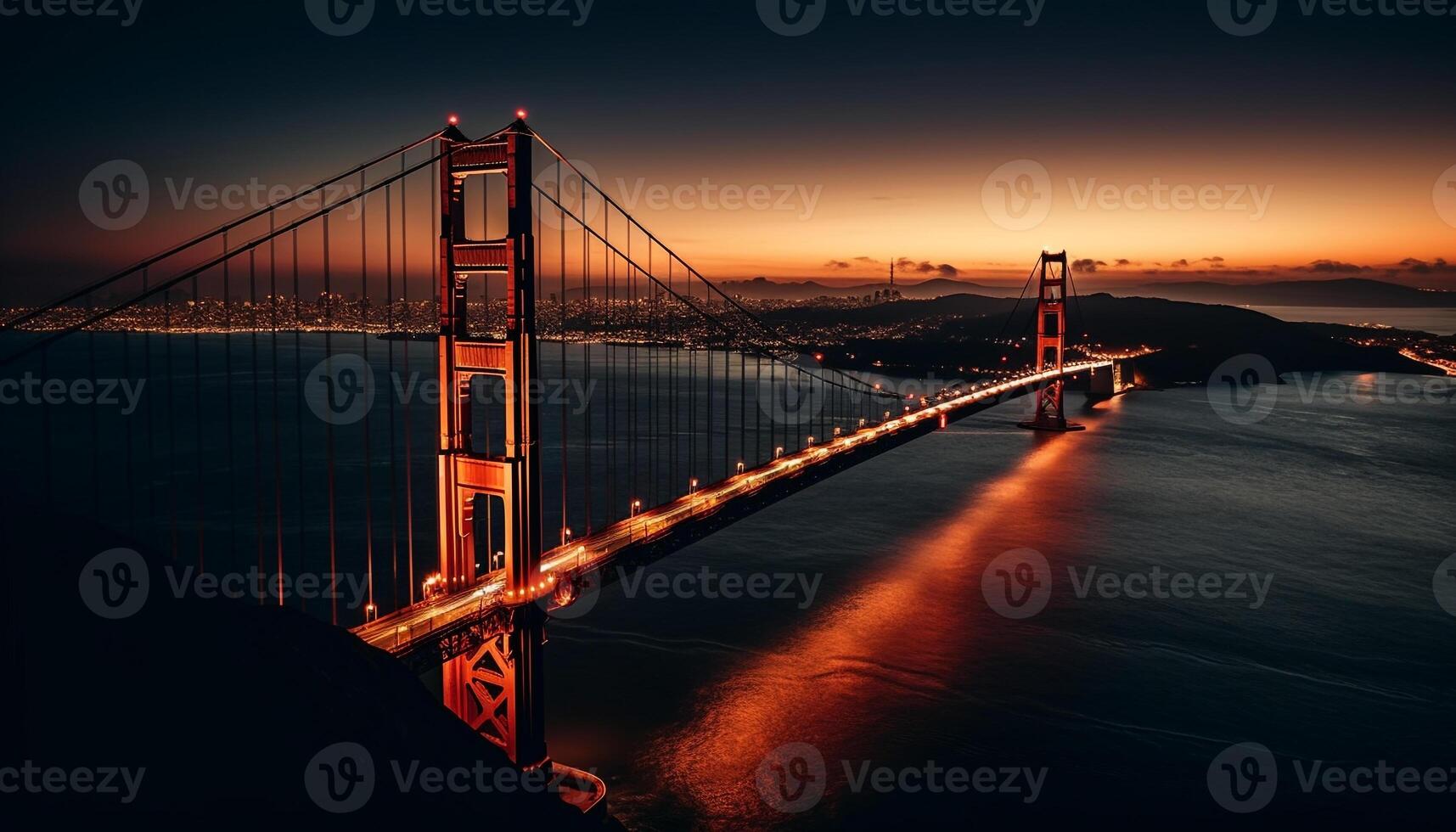 Suspension bridge illuminated at dusk over water generated by AI photo